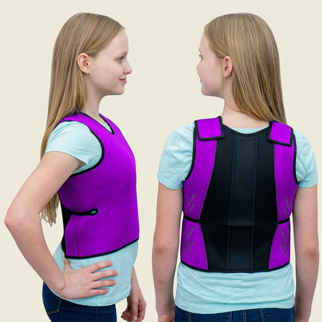 Two views of a girl modeling a purple and black sensory pressure vest, showing both the side profile and back view against a white background.