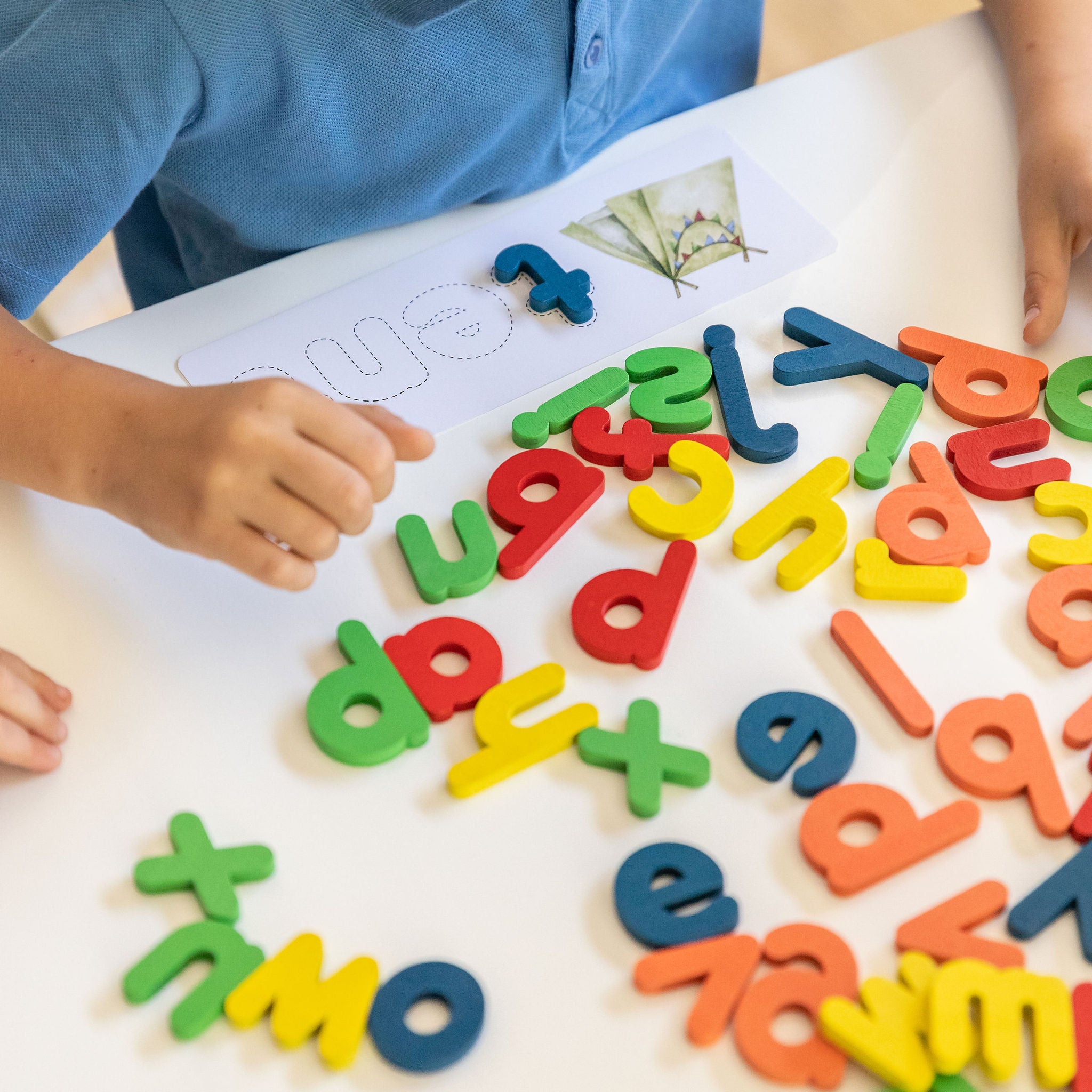 Wooden spelling game with letters and flashcards for kids