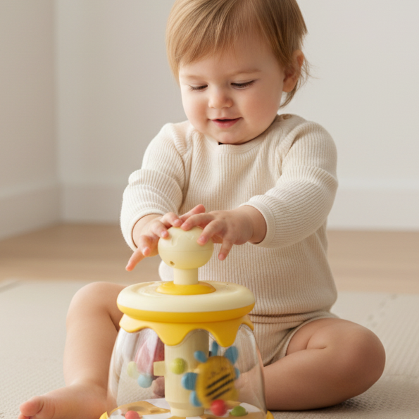 Baby press toy with spinning bugs
