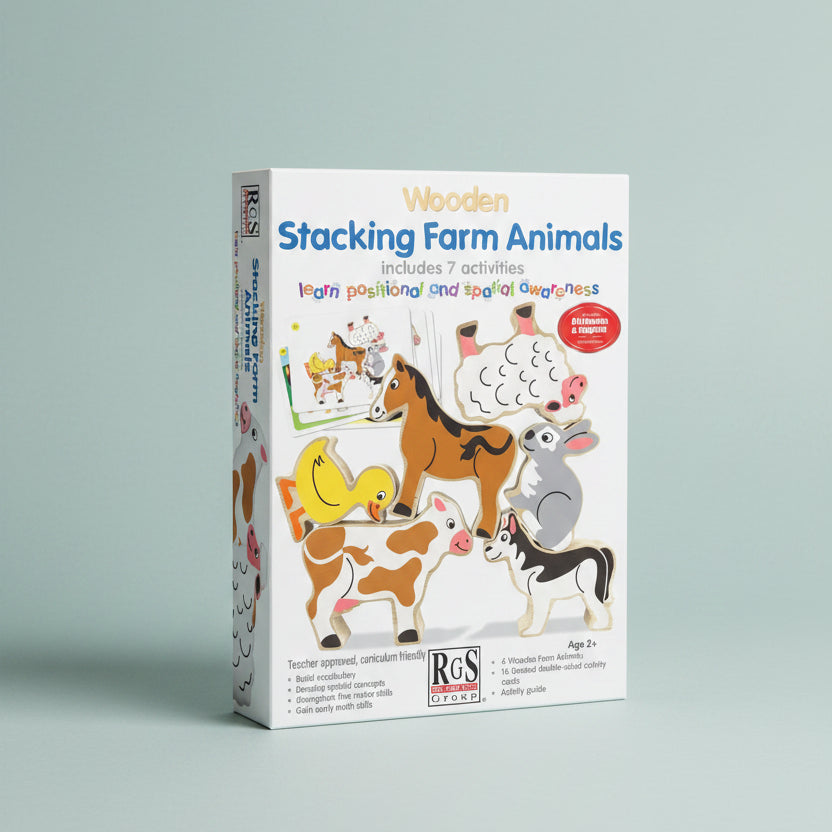 Wooden Stacking Farm Animals activity kit box by RGS Educational Group, featuring colorful illustrations of farm animals on a white box with blue and gold text.
