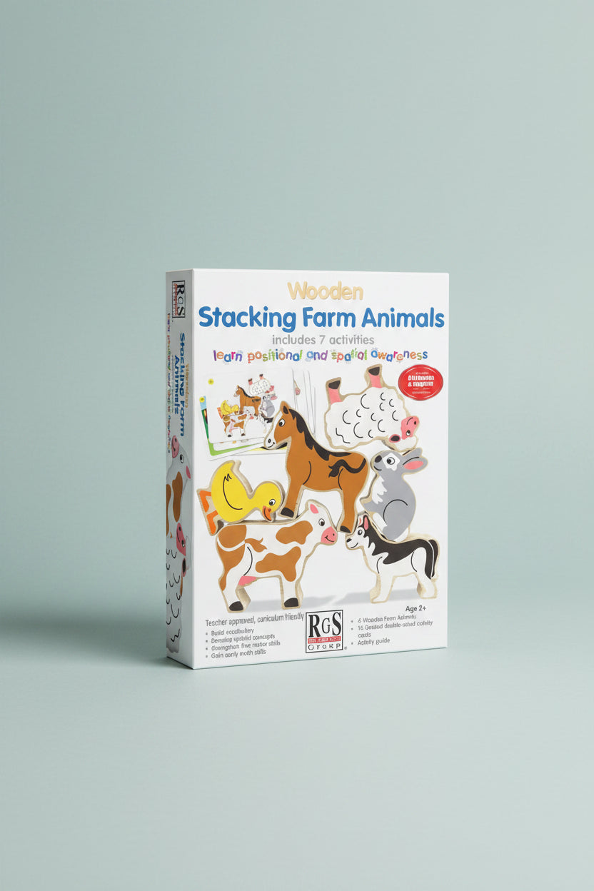Wooden Stacking Farm Animals activity kit box by RGS Educational Group, featuring colorful illustrations of farm animals on a white box with blue and gold text.