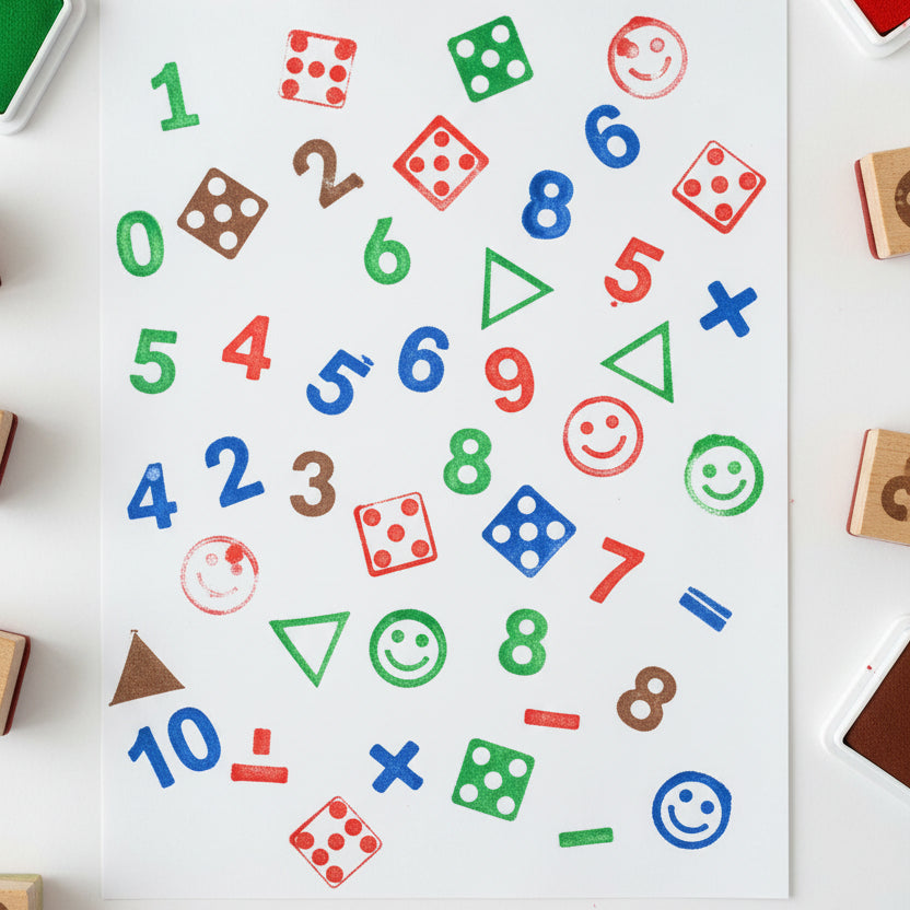 Wooden stamps with numbers, dots, and shapes