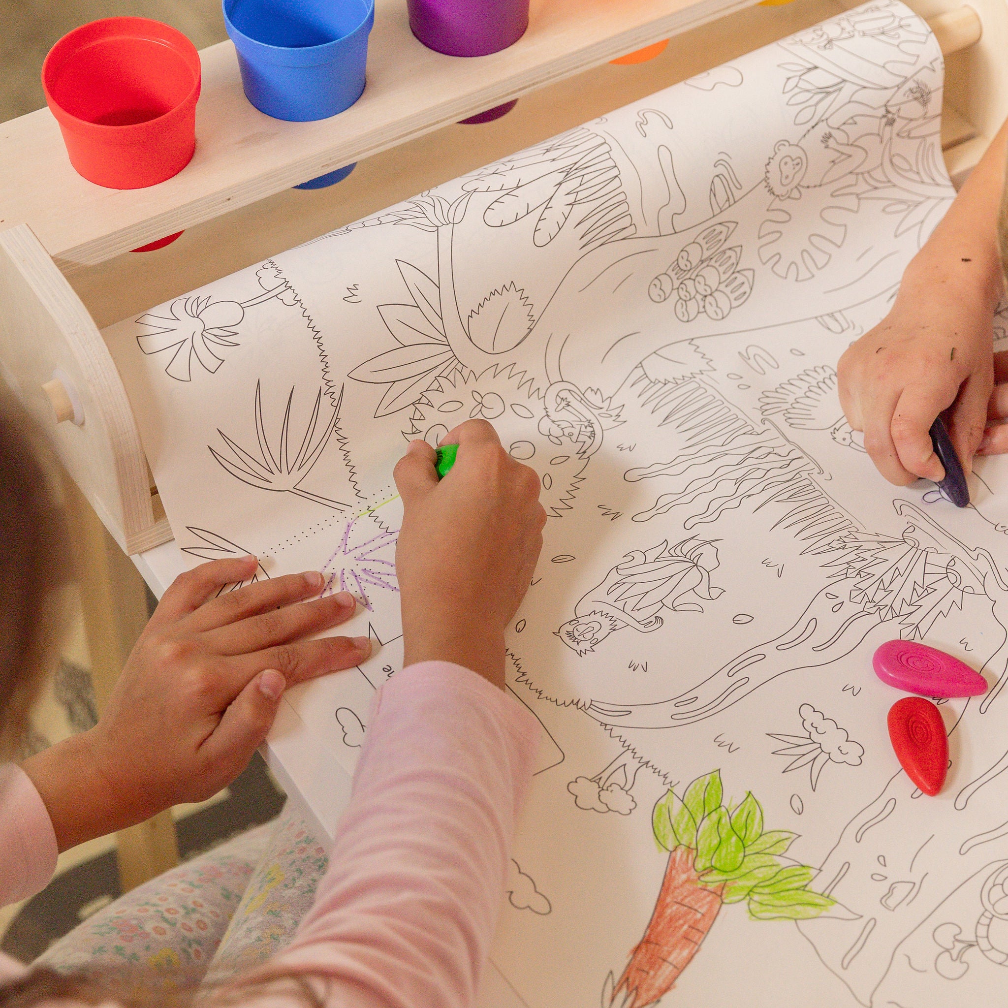 Wooden tabletop paper dispenser for kids art and drawing