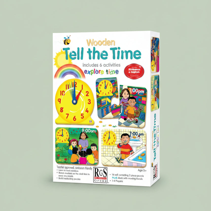 Front and side views of the 'Tell the Time' educational toy box by RGS Group, featuring colorful cartoon illustrations of clocks, children, and activities on a white background.