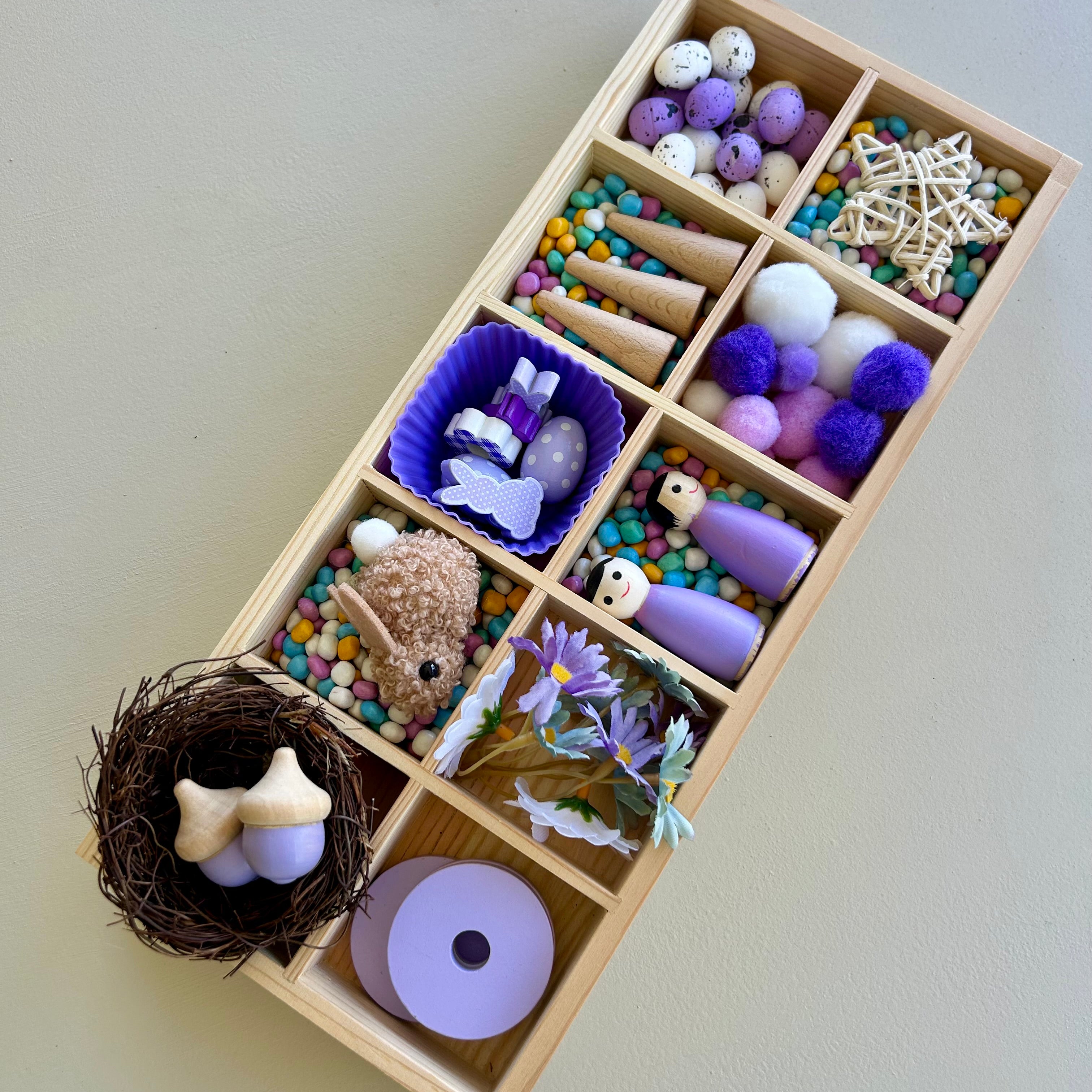 Wooden compartment tray for fine motor activities and tinkering