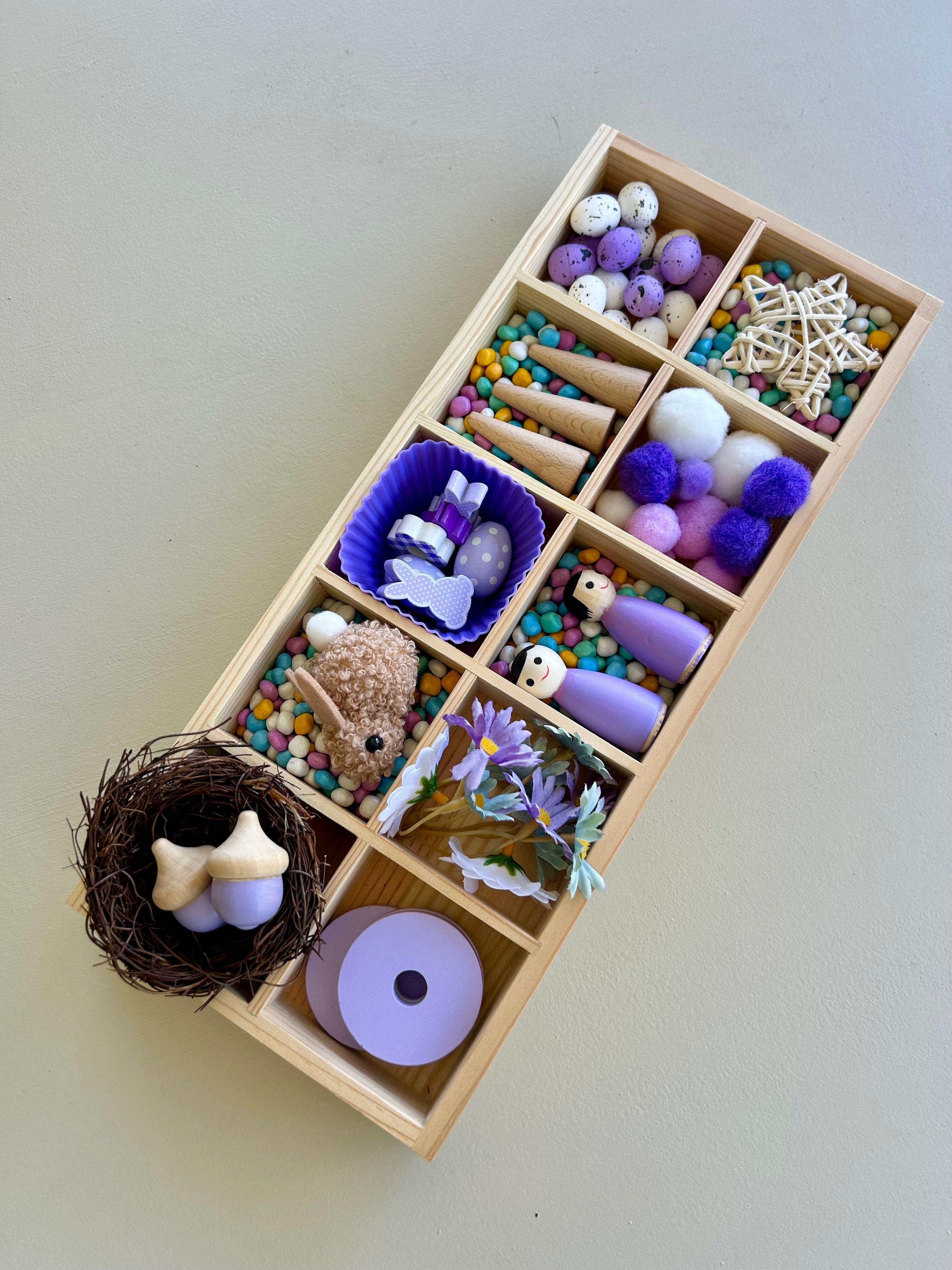 Wooden compartment tray for fine motor activities and tinkering