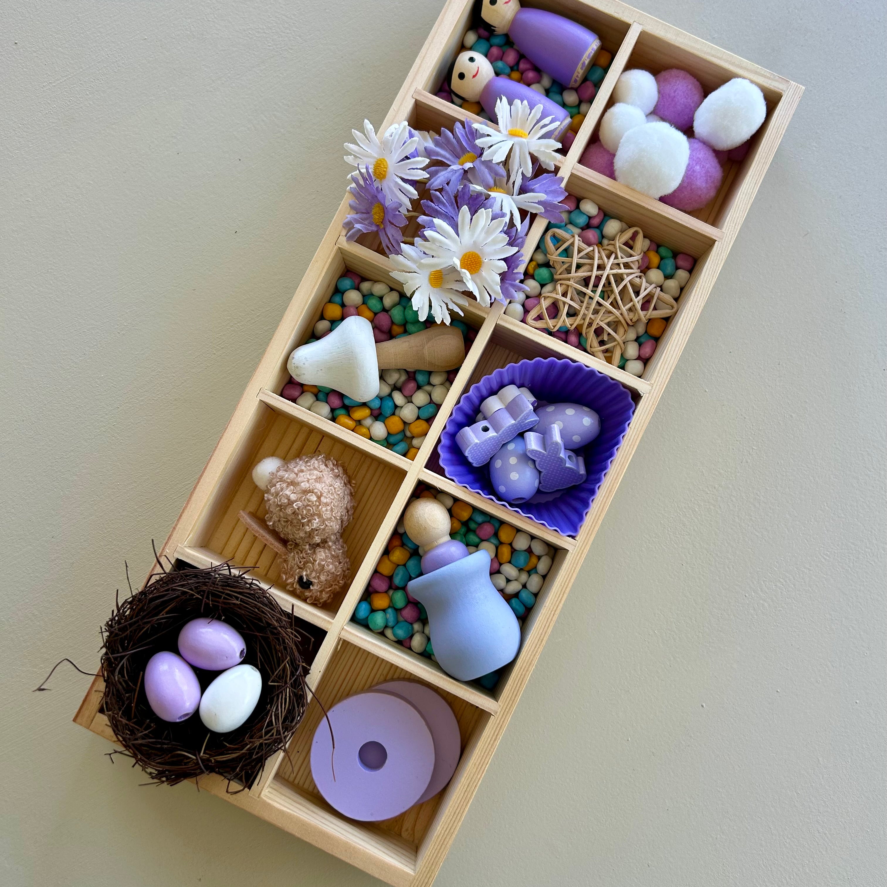 Montessori inspired tinker tray for open ended play with bunnies