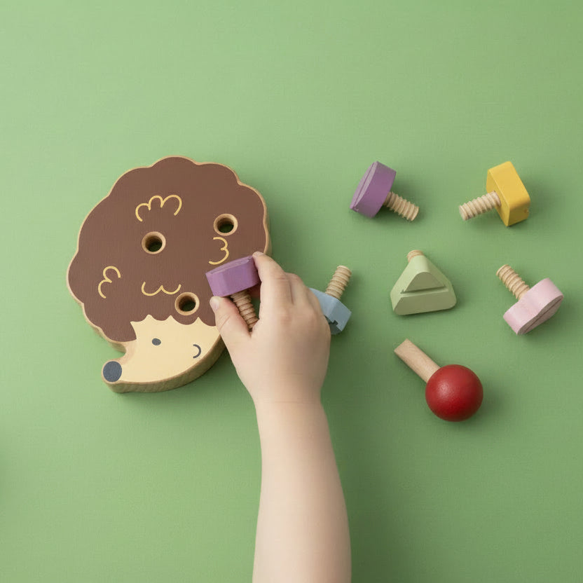 wooden hedgehog with colourful wooden screws and screwdriver