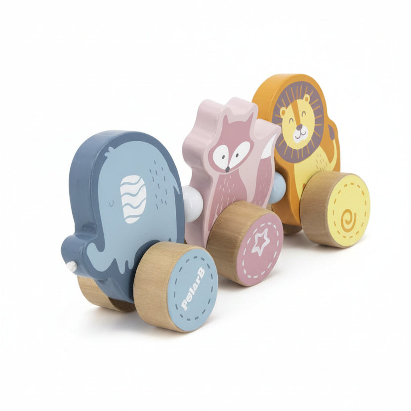 A wooden toy train set with three animal-shaped cars: a blue whale, a pink fox, and a yellow lion. The image includes dimension lines showing the product's measurements: 100mm in height, 225mm in length, and 37mm in width, on a plain white background.