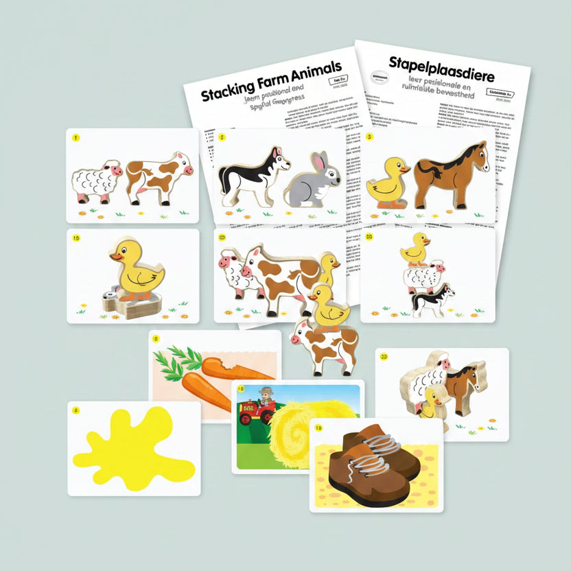 A set of children's farm-themed cards and worksheets shown on a white background. The cards feature illustrated farm animals such as cows, ducks, a rabbit, and a horse, along with simple scenes like carrots, hay, and shoes.