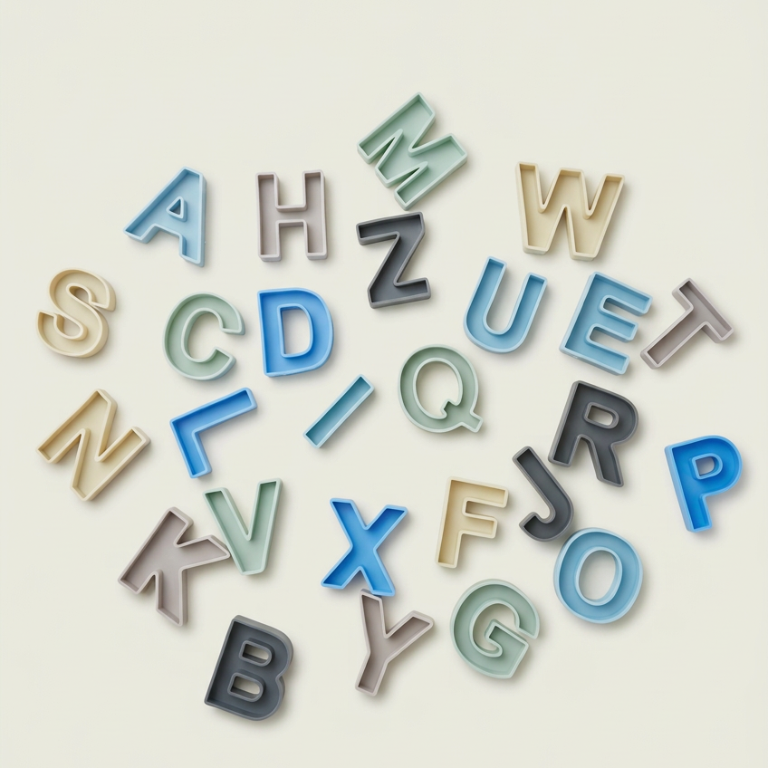 A collection of colorful alphabet letter cutouts in various shades of blue, green, beige, and white, scattered on a plain light beige surface.