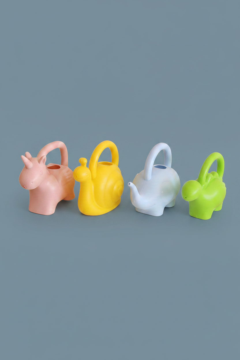 Four animal-shaped watering cans in pink, yellow, light blue, and green, arranged in a row on a plain white background.