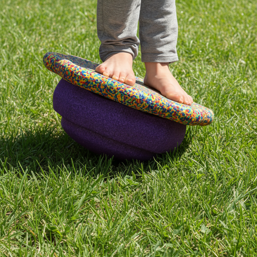 Child's feet stepping onto a colorful balance beam on a playground.