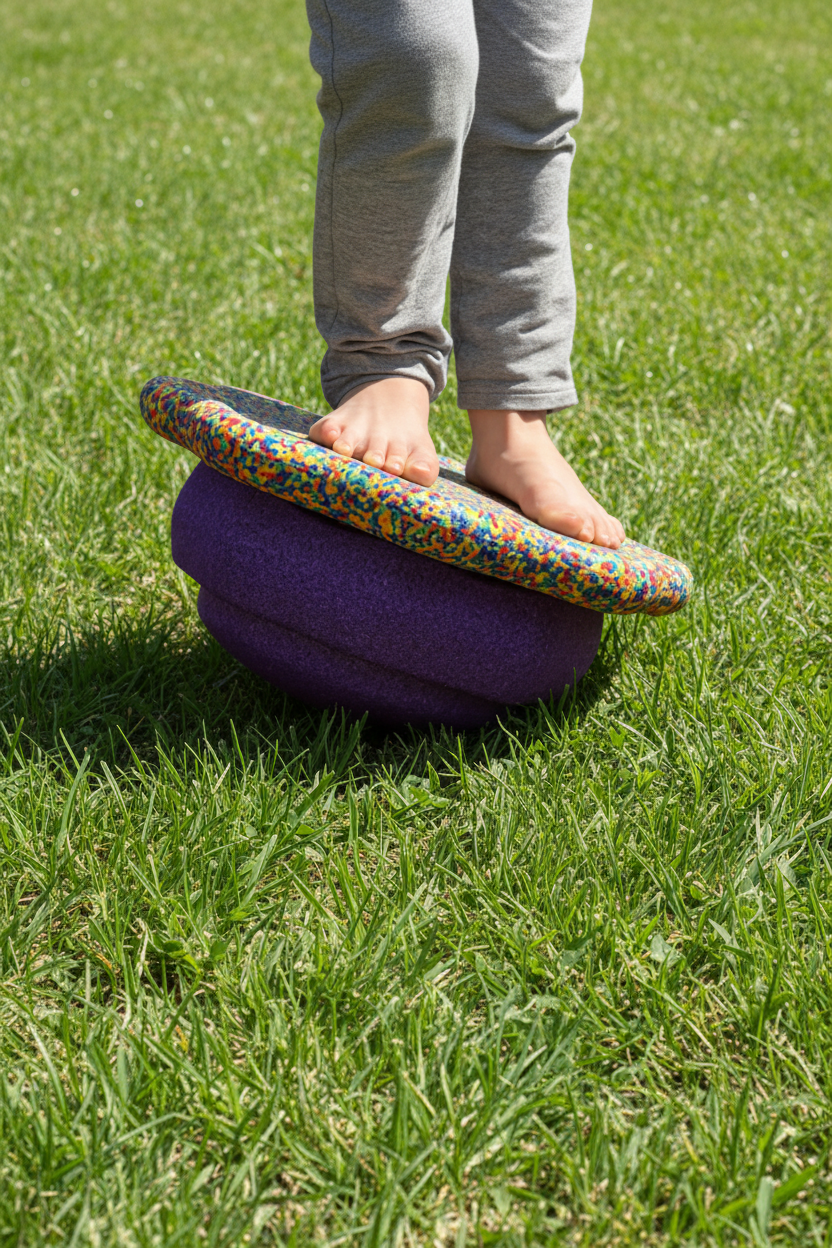 Child's feet stepping onto a colorful balance beam on a playground.