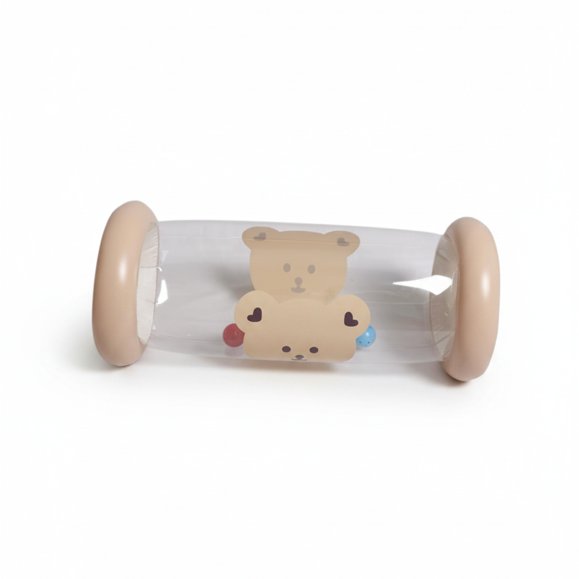A clear plastic baby toy tunnel with beige circular ends and a cute cartoon bear printed in the center, shown on a plain white background.