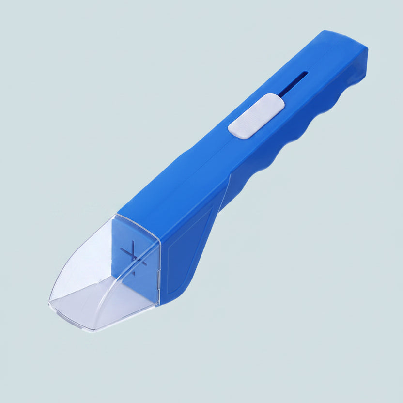 Blue handheld bug catcher shown against a plain white background, front-facing view