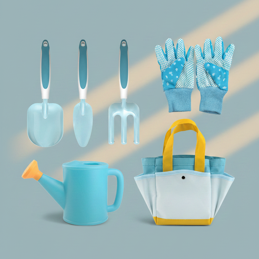 a set of gardening tools layed out in a flatlay