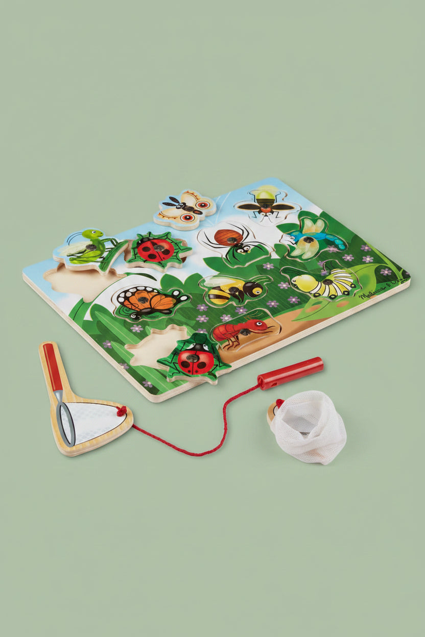 A children's wooden insect puzzle board with colorful insect pieces and a red-and-beige butterfly net, shown on a white background.