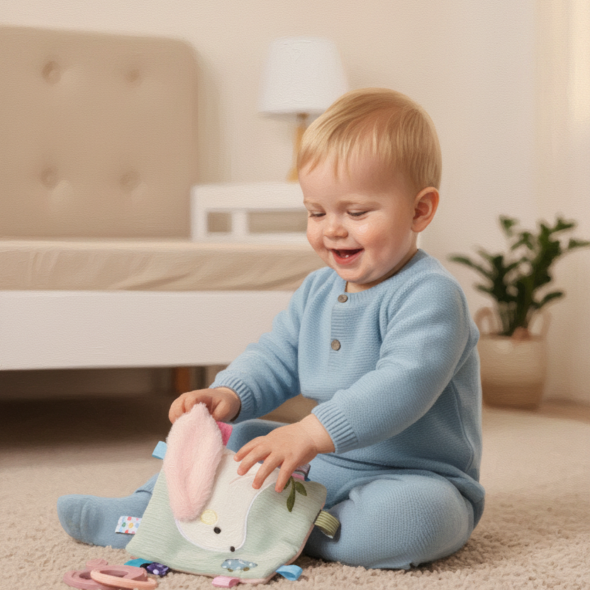 baby playing with different textures on taglet