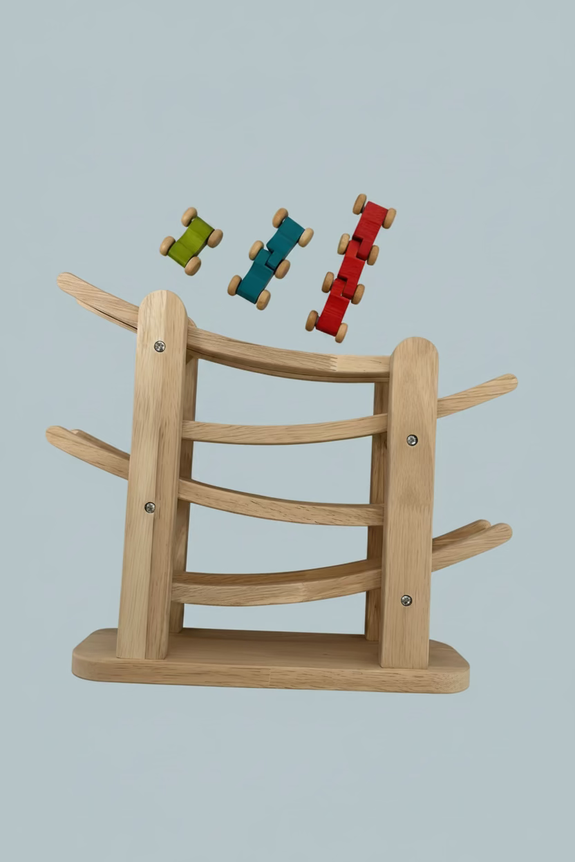 A natural wood toy ladder with curved rungs and small wooden cars in green, blue, and red positioned at the top, set against a plain light gray background.