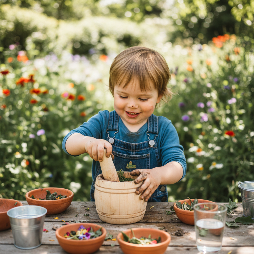 A child using the wooden pestle to grind or pound ingredients inside the mortar bowl.