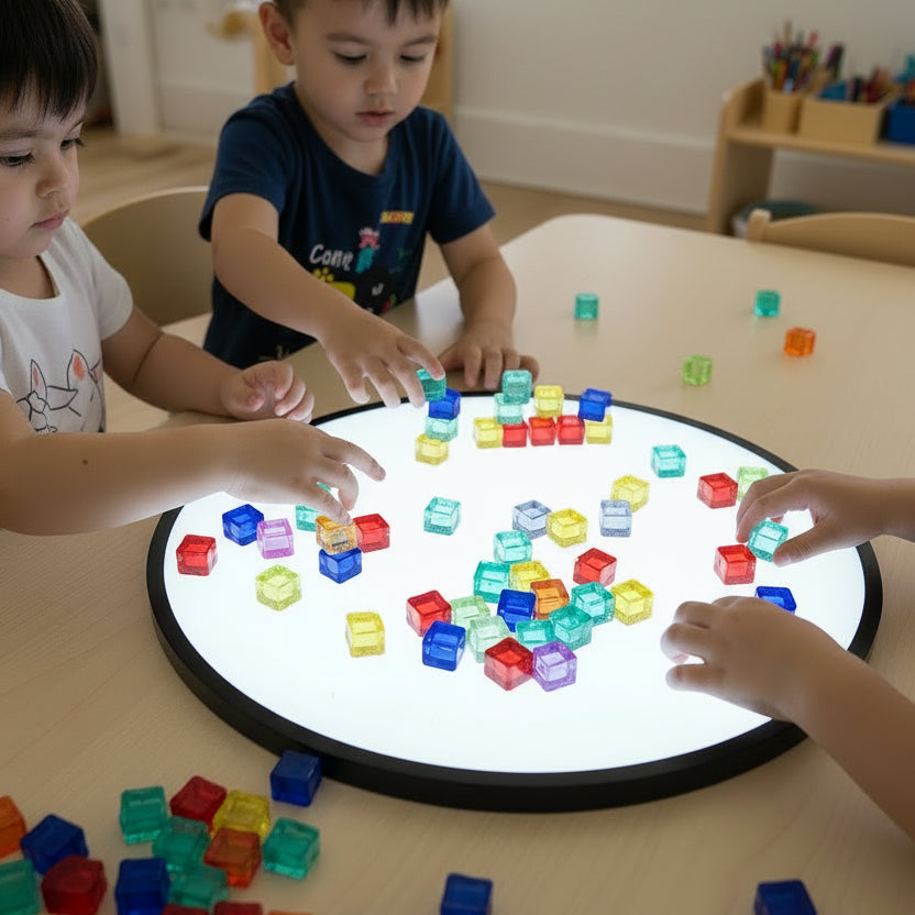 children playing with blocks on lightbox