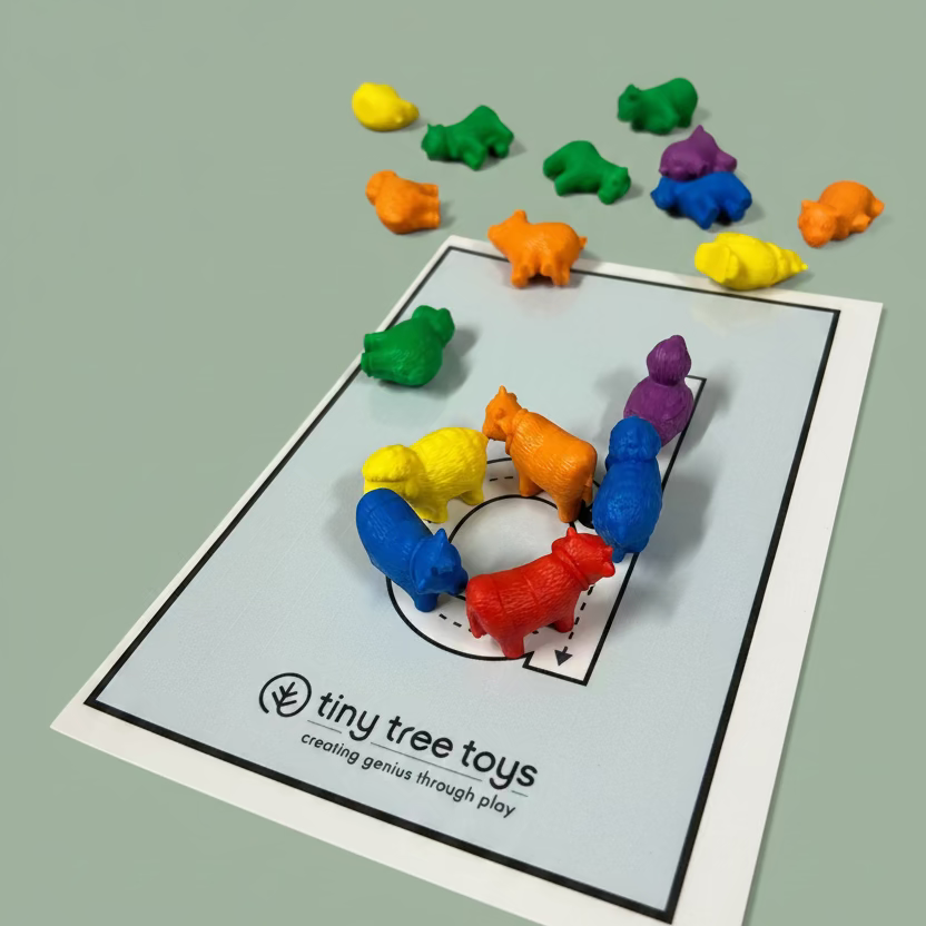 A set of small, colorful animal-shaped toy figures arranged on a printed activity card, with additional toy figures scattered on a wooden tabletop. The card shows the brand name 'tiny tree toys'.