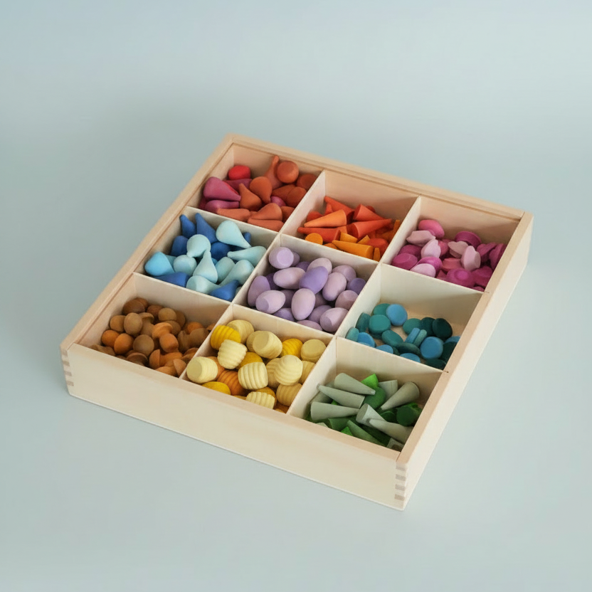 A Montessori-style wooden toy box with nine compartments filled with colorful wooden shapes and blocks, arranged in a rainbow spectrum of red, orange, yellow, green, blue, purple, and pink.