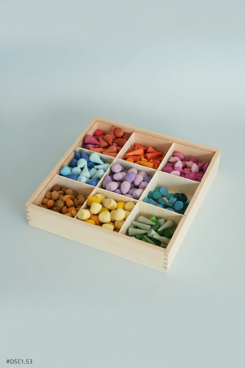 A Montessori-style wooden toy box with nine compartments filled with colorful wooden shapes and blocks, arranged in a rainbow spectrum of red, orange, yellow, green, blue, purple, and pink.
