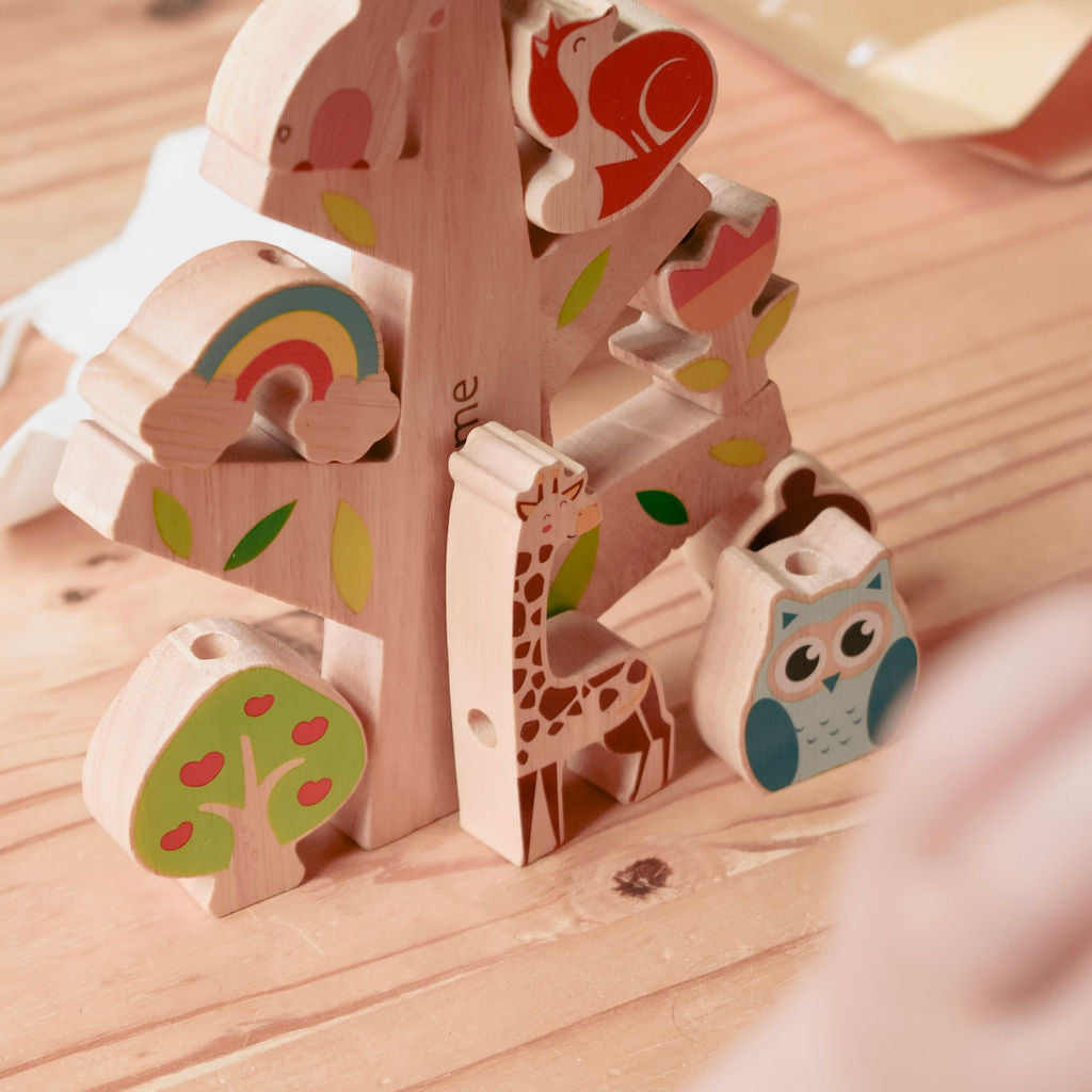 Forest Animal Threading Set with painted wooden woodland animals stacked on a wooden tree, on a plain white background – Tiny Tree Toys South Africa