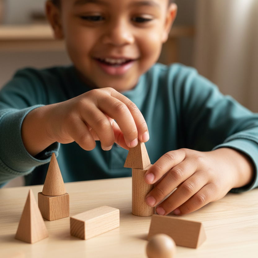 Child exploring wooden geometric solids on a play mat