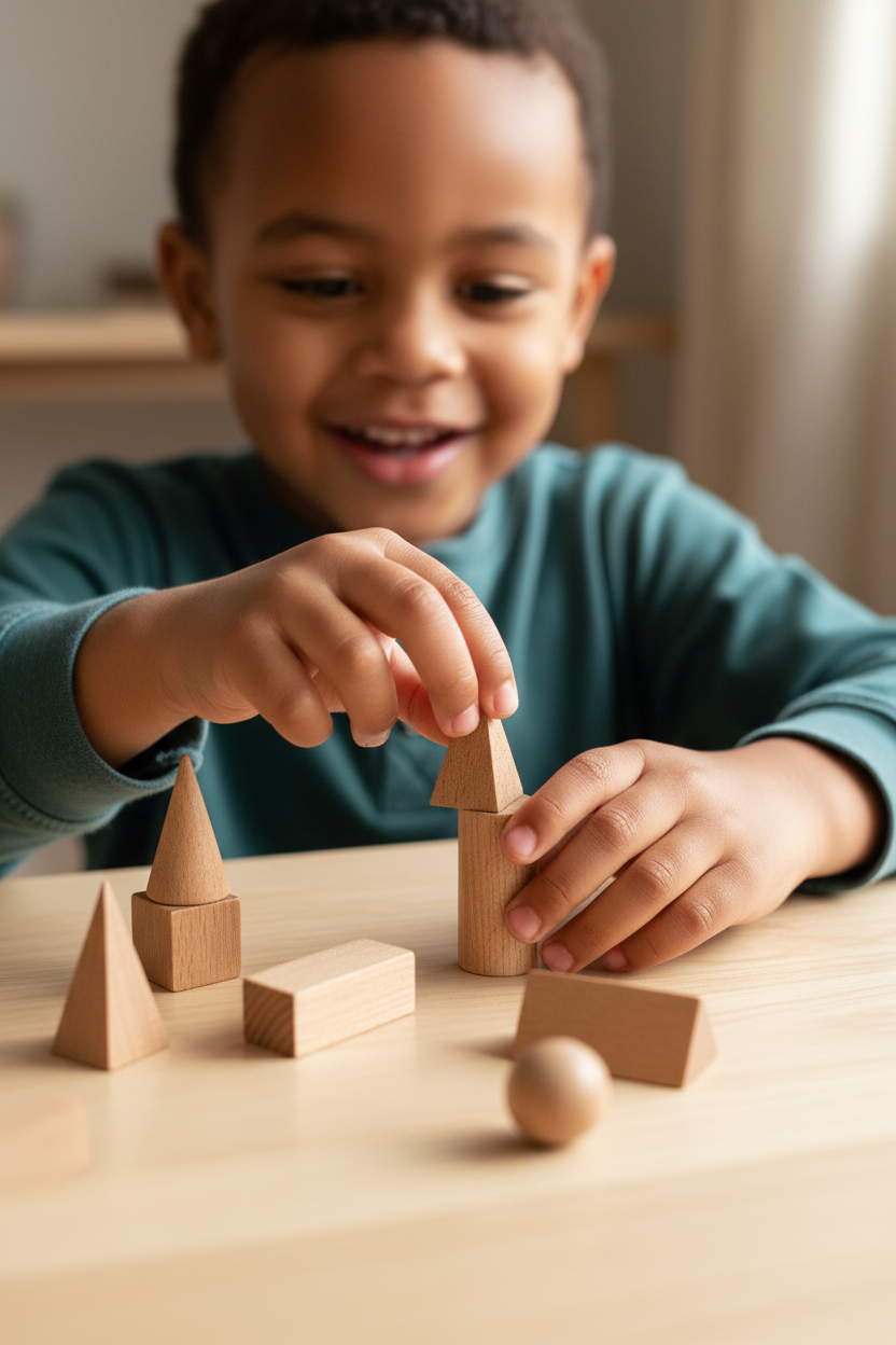 Child exploring wooden geometric solids on a play mat