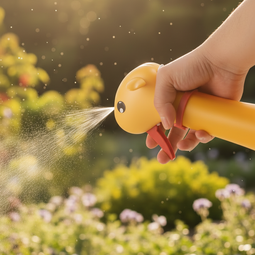 Tiny hand holding bottle and spraying on plants outside