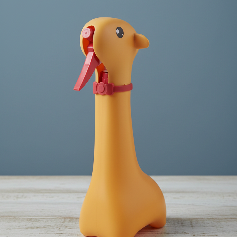 giraffe water spray bottle on table with blue background