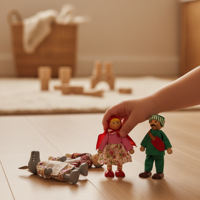 Child playing with the Little Red Riding Hood doll set, acting out the story