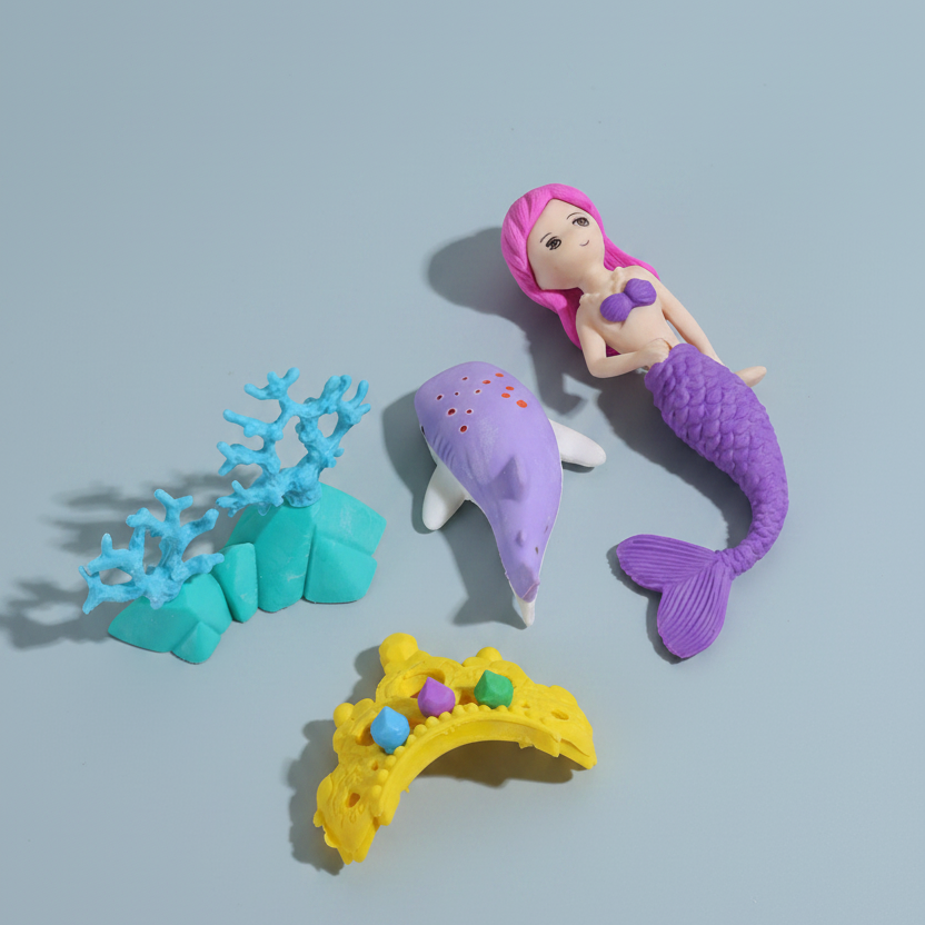 A mermaid-themed toy set on a pink background, including a mermaid figure with a purple tail and pink hair, a purple dolphin, turquoise coral, a yellow arch bridge, and a small multicolored shell.