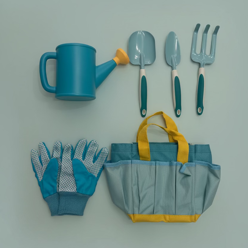 flatlay of gardening set on blue