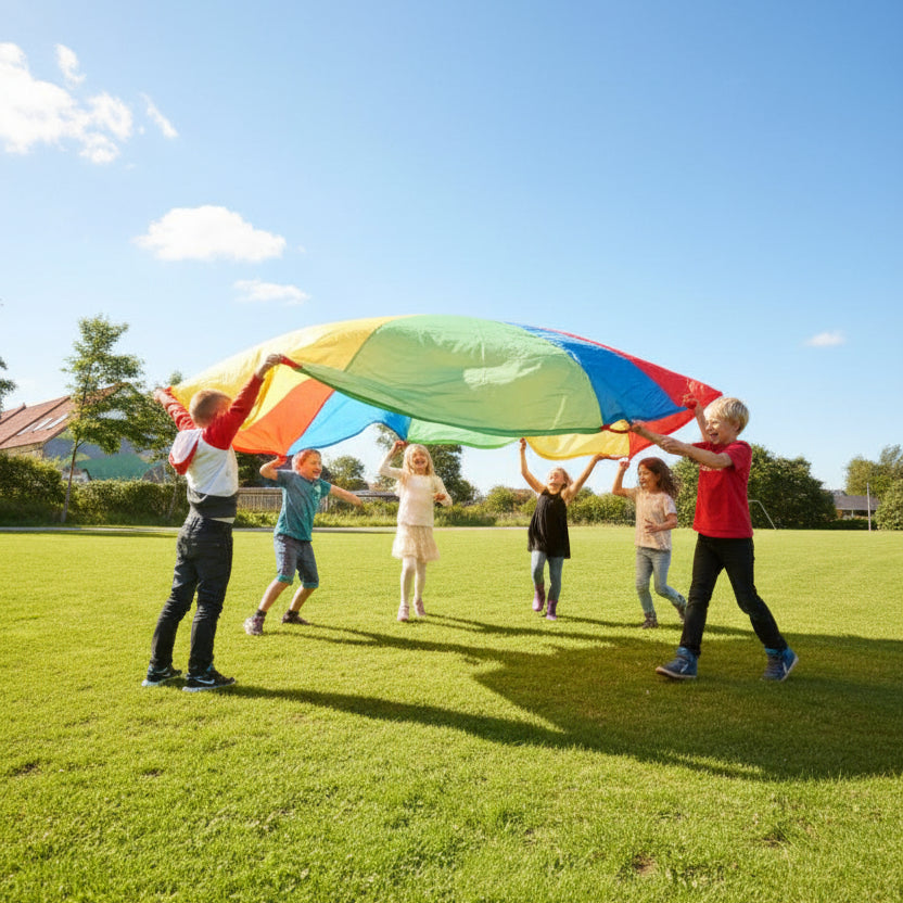 Children playing with a large, colorful parachute outdoors.