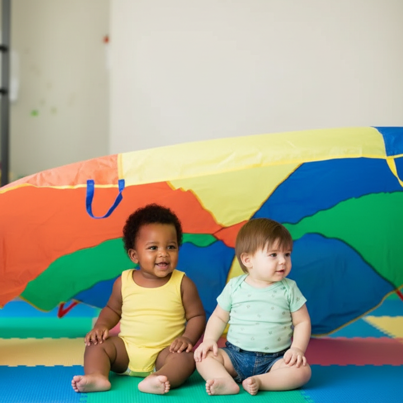 A toddler sits cross-legged under a large, colorful parachute play tent made of segmented fabric panels in blue, green, orange, and yellow, set on a multi-colored foam play mat.