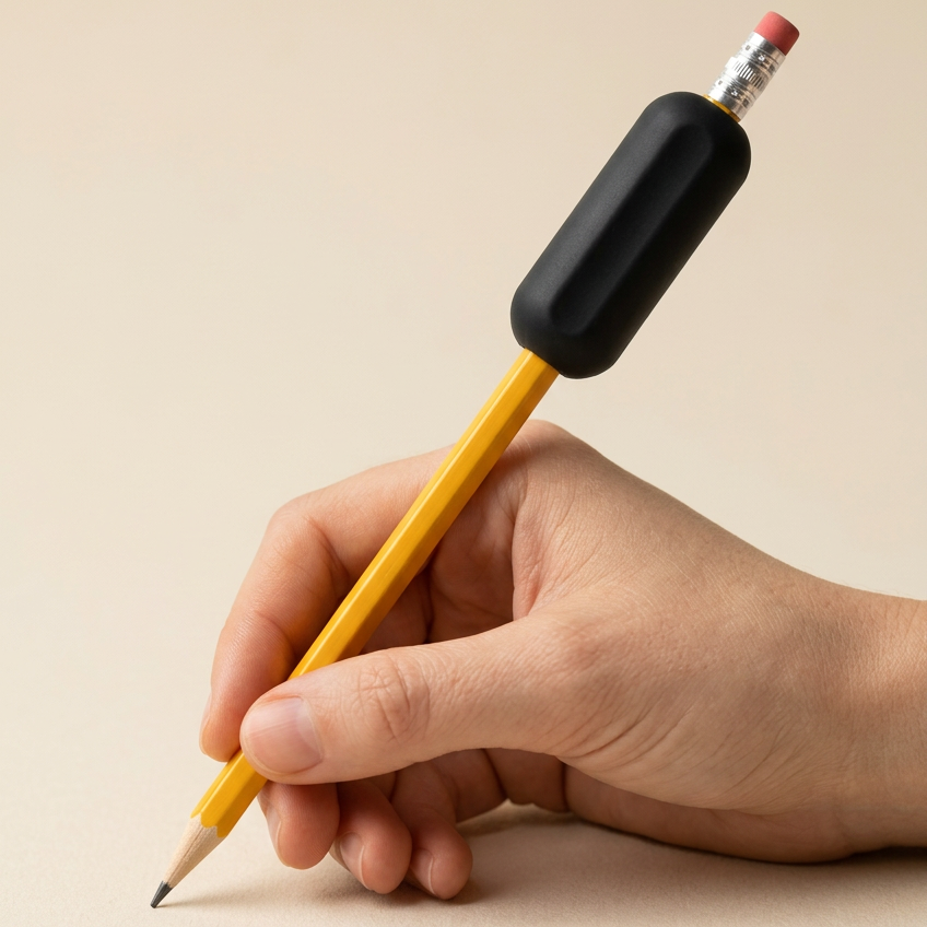 hand holding a pencil with a black weight at the back of the pencil