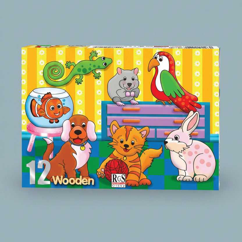 A colorful 12-piece wooden jigsaw puzzle box featuring cartoon animals including a green lizard, parrot, dog, cat, rabbit, and fish, with the text '12 Wooden' and the RGS Learning Systems logo.