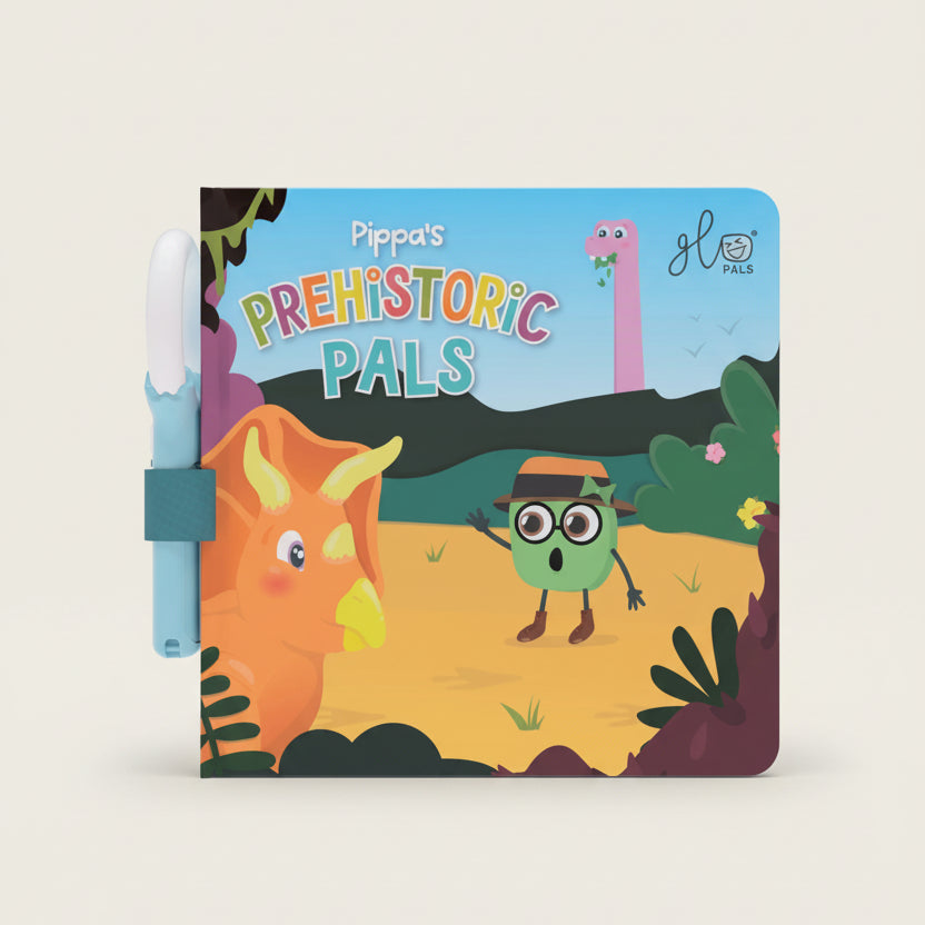 Children's book titled 'Pippa's Prehistoric Pals' with cartoon dinosaurs on the cover.