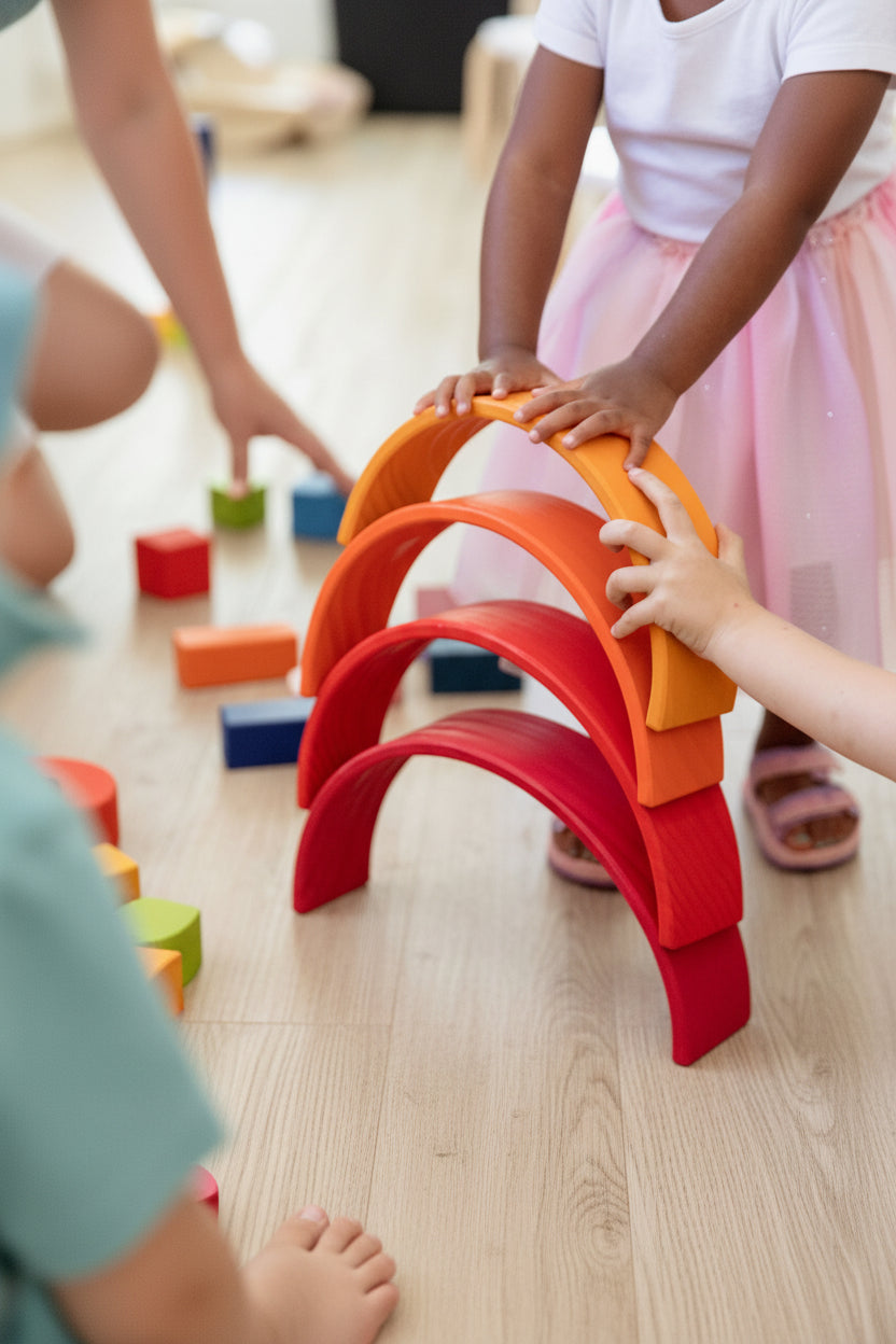 Toddler hands placing a wooden arch onto a rainbow stacker tower — fine motor play