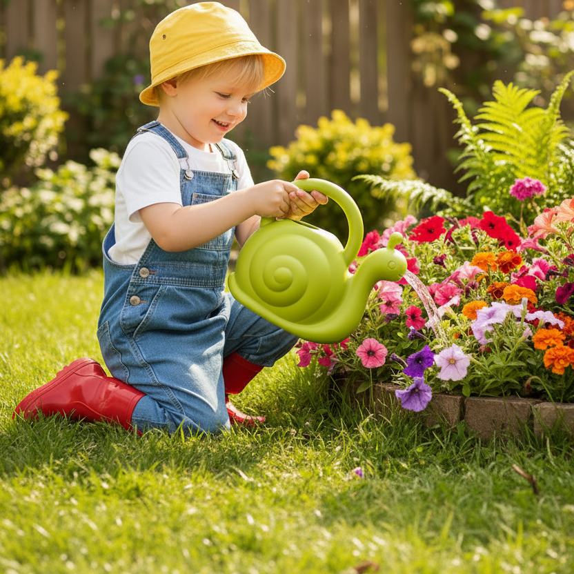 A novelty snail-shaped watering can in a garden
