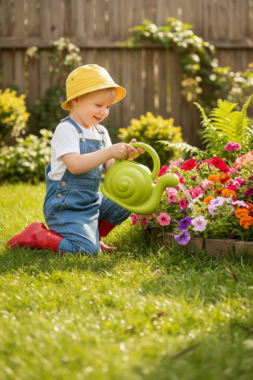 A novelty snail-shaped watering can in a garden