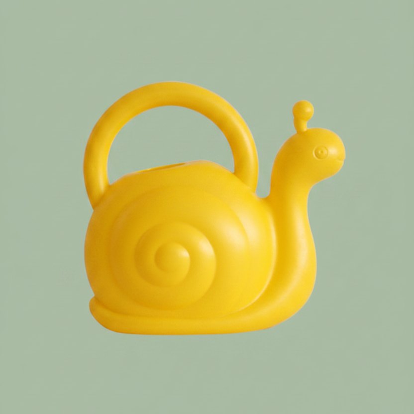 A bright yellow watering can-shaped be with a loop handle and a snail design, shown on a plain white background.