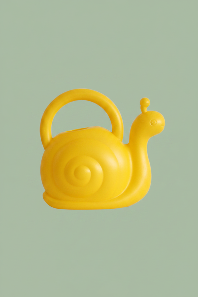 A bright yellow watering can-shaped be with a loop handle and a snail design, shown on a plain white background.