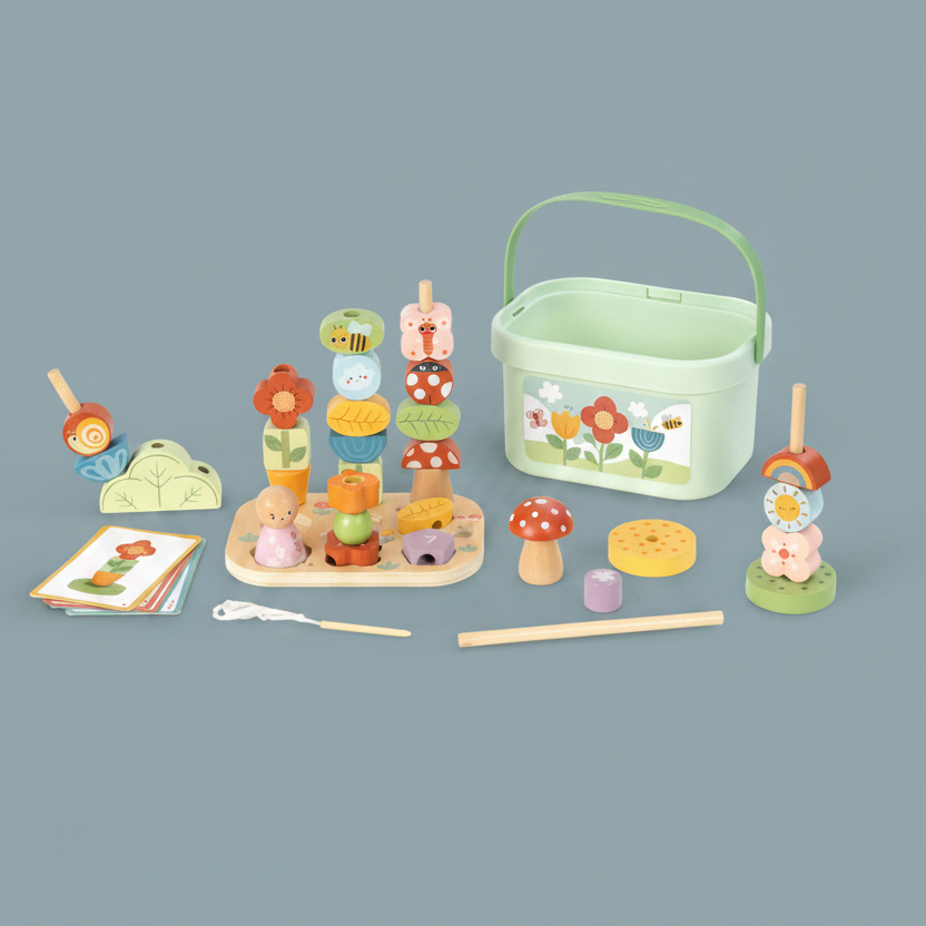 Set of wooden toys including a stacker, basket, and various other items on a light beige background