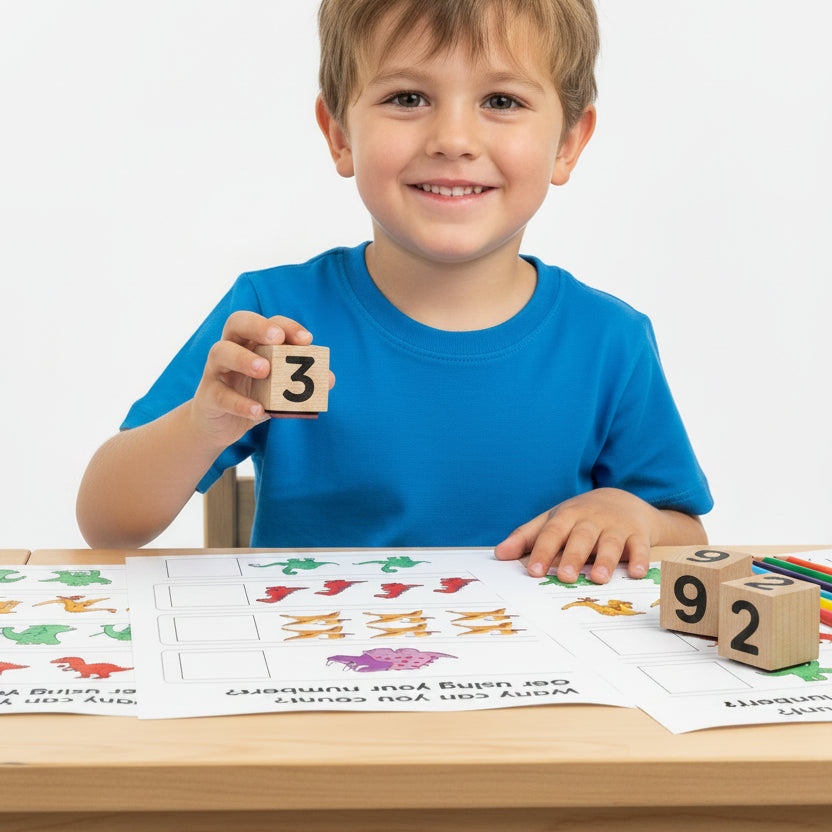 Wooden number blocks with ink pads, and activity book on a educational paper