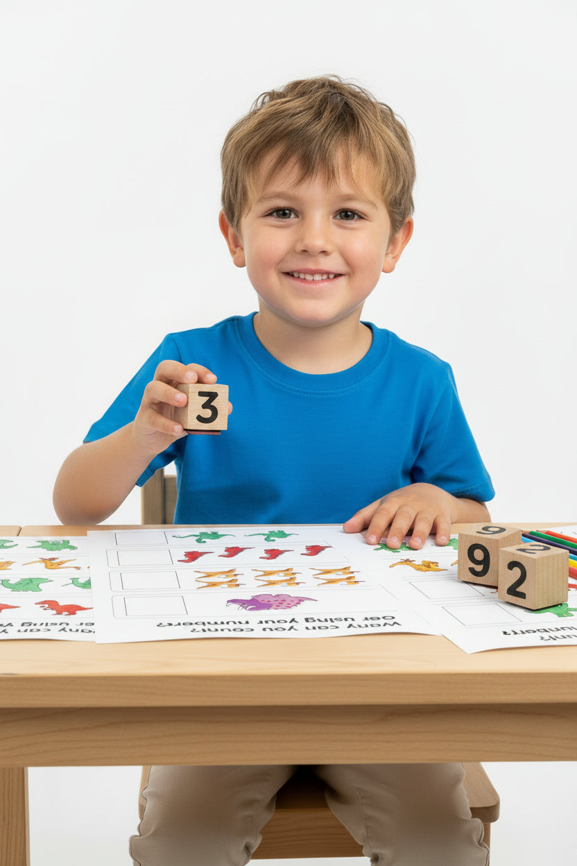Wooden number blocks with ink pads, and activity book on a educational paper